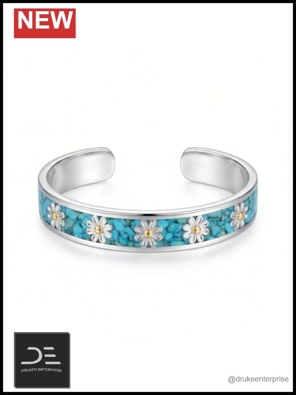 18k White Gold Plated Turquoise Daisy Cuff Bracelet Bangle Women Jewelry Gift